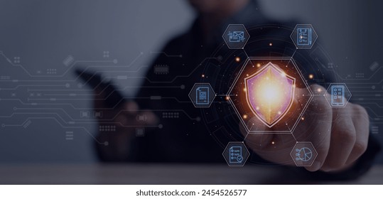 Secure file storage technology Document Management System (DMS) Businessman uses laptop with online database folder to store digital document data files.
