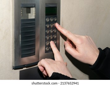 Secure Home System. Hand Pressing On Intercom Keypad, Using Door Phone, Doorphone, Entryphone, Videophone Call