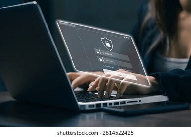 Secure login authentication interface displayed above a laptop, representing cybersecurity, user verification, password protection, online privacy, digital identity, and safe access technology.