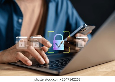 Secure login authentication system with biometric approval and digital identity verification. cybersecurity, data protection, and digital access control.