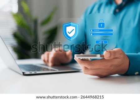 secure login and digital authentication. User accessing account via smartphone with virtual password and shield icons for cyber security and data protection on mobile and laptop.