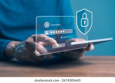 Secure login interface on digital tablet with hand entering username and password, displaying padlock icon to represent cybersecurity, user authentication, privacy protection, and data safety