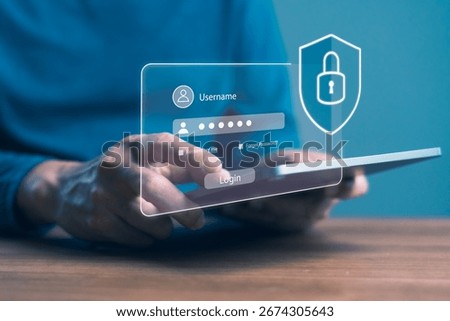 Secure login interface on digital tablet with hand entering username and password, displaying padlock icon to represent cybersecurity, user authentication, privacy protection, and data safety
