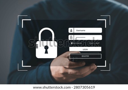 Secure login interface on smartphone with username and password fields, padlock icon and authentication system. Cybersecurity, data protection, privacy access and user verification concept.