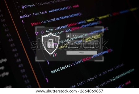Secure login interface over programming code background, symbolizing cybersecurity, data protection, and encrypted authentication for safe online access in modern web applications.