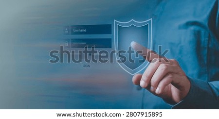 Secure login interface with password authentication, digital shield illustrating cybersecurity, identity protection and access control, online privacy, account security, trusted authentication