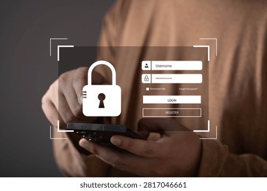 Secure mobile login interface with password authentication and digital lock icon, representing cybersecurity, user authentication, data protection, online privacy, account security, and secure access.