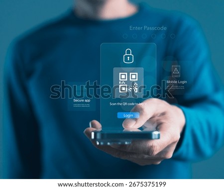 Secure mobile login interface with QR code scanning on smartphone screen, showing passcode entry and lock icon, for digital authentication, app security, and data protection