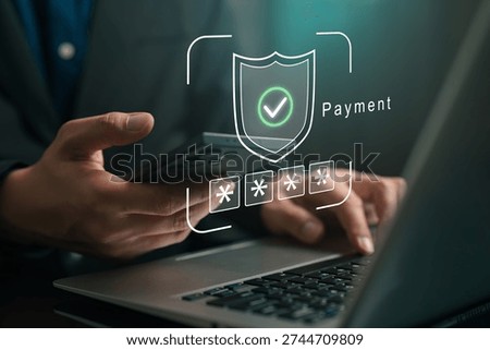 Secure mobile payment concept with smartphone, laptop, digital shield with check mark and password interface, represent online transaction protection, fintech security, and encrypted checkout process.