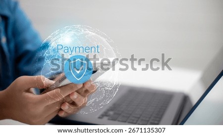 Secure mobile payment with global digital network interface, fintech and online financial transaction concept, safe technology for money transfer, e-commerce, and international business payment 