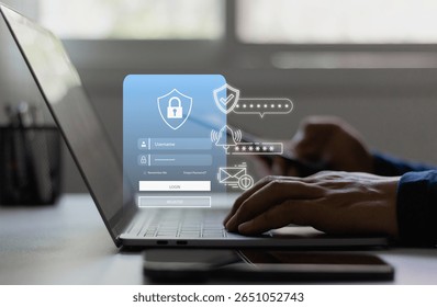 Secure multi-factor authentication login process for cybersecurity protection user privacy access on digital platform. Person login credential on laptop with password, username, cyber security symbol.