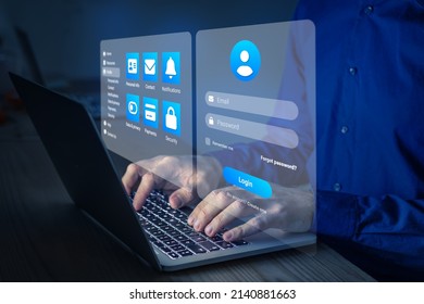 Secure online access with password and login page to manage personal profile account. Secured connection and data security on internet. Cybersecurity and sign in form. User working on laptop computer. - Shutterstock ID 2140881663