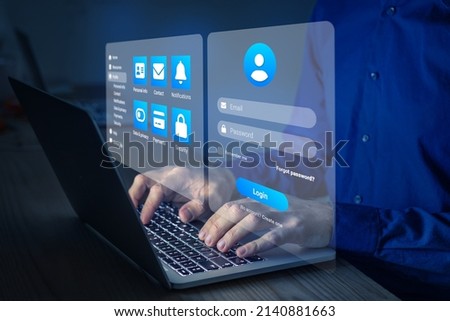 Secure online access with password and login page to manage personal profile account. Secured connection and data security on internet. Cybersecurity and sign in form. User working on laptop computer.
