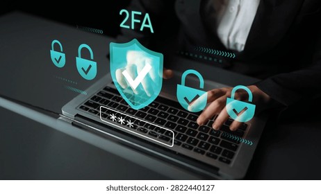 Secure Online Authentication System Concept with Two-Factor Authentication Process and Digital Shield Icons on Laptop Keyboard and User Hands Gluon.
