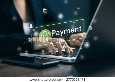 Secure online payment concept with shield protection and financial icons. Digital banking, fintech transaction, safe payment system, e commerce security and money transfer technology.