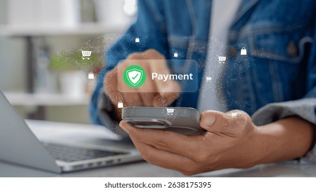 Secure online payment on smartphone by casual person at home, showing secure transaction process, global digital wallet payment, protecting money and finance data with innovative online technology