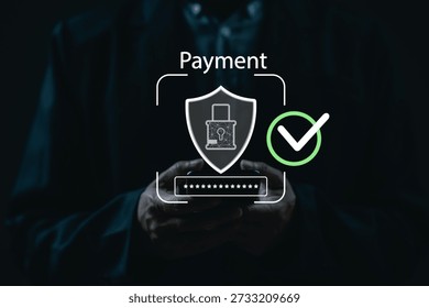 Secure online payment processing features businessman holding smartphone featuring digital shield padlock icons ensuring safe financial transactions data protection encryption technology mobile