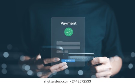 Secure Online Payment Transaction Process concept. Person confirming a secure online payment using a credit card through a digital interface with verification tick symbol. Internet banking, fintech, - Powered by Shutterstock