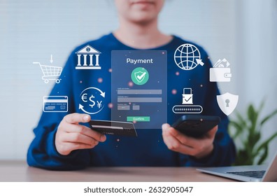 Secure Online Payment Transaction Process concept. A person confirming secure online payment using a credit card through a digital interface with a verification tick symbol. Internet banking, fintech,