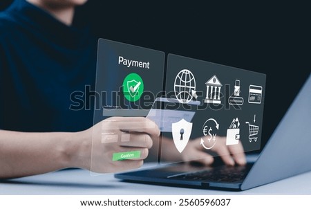Secure Online Payment Transaction Process concept. A person confirming secure online payment using a credit card through a digital interface with a verification tick symbol. Internet banking, fintech,