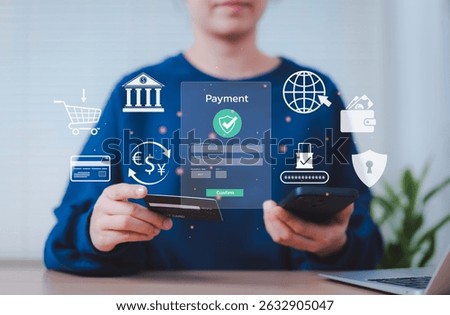 Secure Online Payment Transaction Process concept. A person confirming secure online payment using a credit card through a digital interface with a verification tick symbol. Internet banking, fintech,