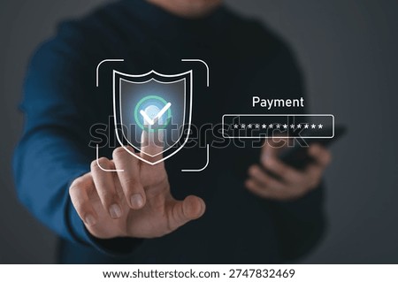 Secure online payment verification concept with digital shield and check mark icon. User confirming protected transaction on smartphone, representing cybersecurity, data protection, fintech technology