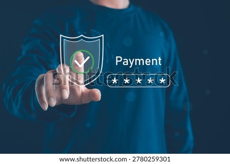 Secure payment authentication concept with shield icon and password input, digital transaction protection, fintech security, data encryption, identity verification, safe online payment processing.