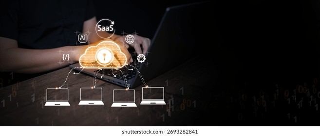 Secure SaaS, Software as a Service, cloud computing with AI integration and data encryption network for modern enterprise, symbolizing cybersecurity and innovation in technology.