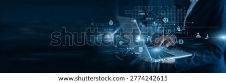 Secure system entry and user permissions optimize organizational safety. Security administrator working on laptop configuring Access Management for employee authentication and network protection.