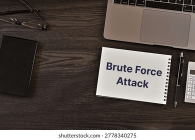 Secure technology and Brute Force Attack on notebook with laptop, glasses, calculator. Cyber security, protection and digital trust.