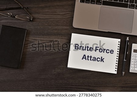 Secure technology and Brute Force Attack on notebook with laptop, glasses, calculator. Cyber security, protection and digital trust.
