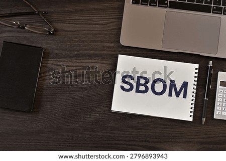 Secure technology and SBOM on notebook with laptop, calculator, glasses. Cyber security, protection and digital trust.
