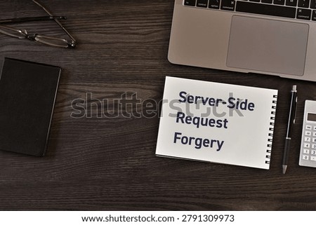 Secure technology and Server-Side Request Forgery on notebook with laptop, calculator, glasses. Cyber security, protection and digital trust.