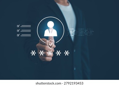 Secure user authentication and identity verification concept featuring password protection, access control, account security, cybersecurity compliance, and digital privacy management.