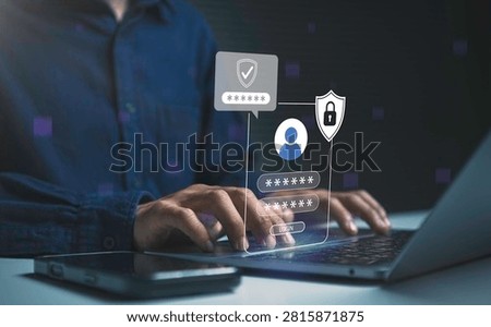 Secure user authentication on laptop person managing login verification password protection identity access control cybersecurity compliance and digital privacy security.