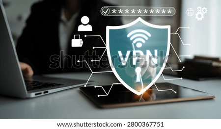 Secure Virtual Private Network Concept with Shield Graphic, Laptop, and Tablet Displaying Digital Security Icons and Symbols for Online Privacy
