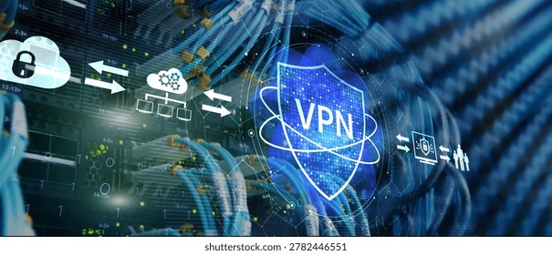 Secure VPN Connection Technology Visualization with Digital Shield and Network Infrastructure Servers.