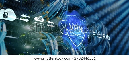 Secure VPN Connection Technology Visualization with Digital Shield and Network Infrastructure Servers.