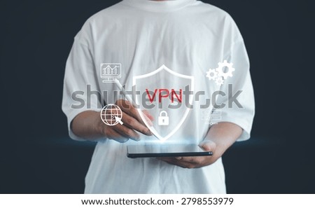 Secure VPN technology concept with user holding tablet and digital shield interface, representing cybersecurity, encrypted connection, online privacy, network security and secure access.