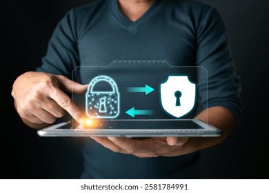 Secured connection. A user interacts with a tablet displaying a lock and shield, symbolizing secure data transfer and protection against cyber threats.