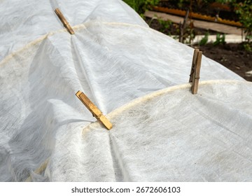 Securing the covering material to the arches using clothespins