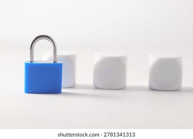Security and access control concept represented by a blue padlock positioned in front of white cubes on a minimal white background, symbolizing protection of data, privacy and restricted access