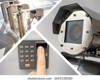 Security and access control systems concept with a collage showing turnstiles, a fingerprint scanner with keypad, and a surveillance camera. Representation of workplace safety, restricted access