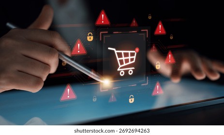 A security alert concept for e-commerce. This warning signifies a risk in an online shopping transaction, potential payment fraud, or a cybersecurity threat to the user. Parse