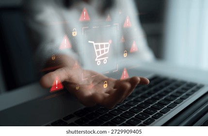 A security alert concept for e-commerce. This warning signifies a risk in an online shopping transaction, potential payment fraud, or a cybersecurity threat to the user. Parse