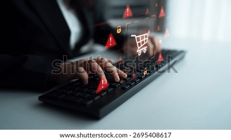 A security alert concept for e-commerce. This warning signifies a risk in an online shopping transaction, potential payment fraud, or a cybersecurity threat to the user. Parse