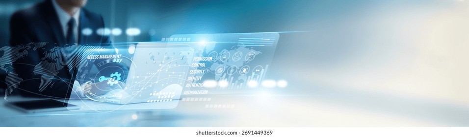 A security analyst using a laptop configures identity and access management platforms, authentication, authorization, credentials, .monitoring compliance, permissions, and secure protocols.