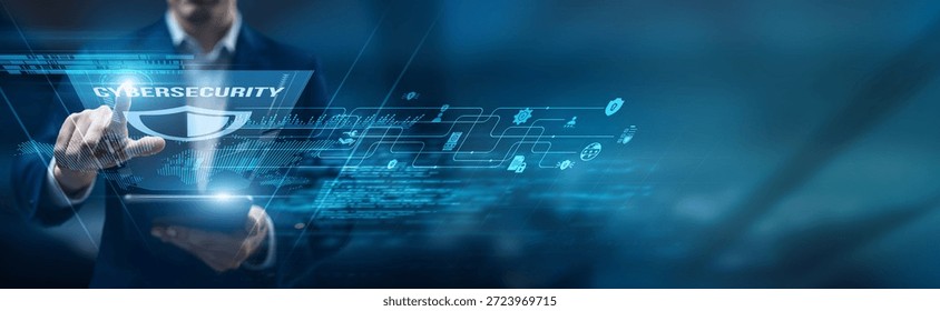 A security analyst using a smart tablet for performance monitoring of cybersecurity systems, threat detection encryption automation incident response protection, and compliance.
