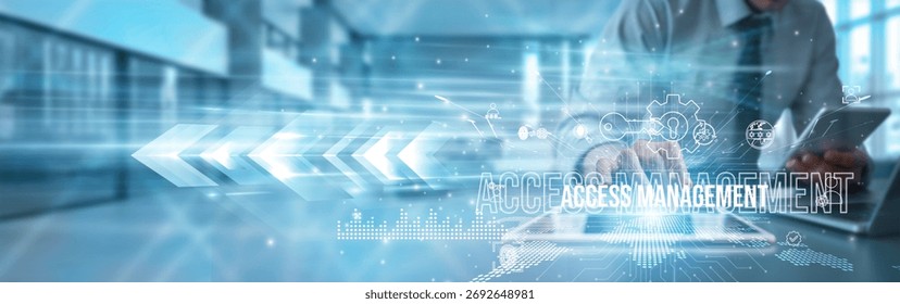 A security analyst using a tablet analyzes access management controls authentication, authorization monitoring compliance encryption automation innovation transformation digital protection.