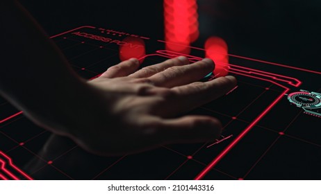 Security biometrical hand scanner blocking network access failing verification. Futuristic safety technological touchscreen denying illegal login identifying person. Digital authorisation closeup 